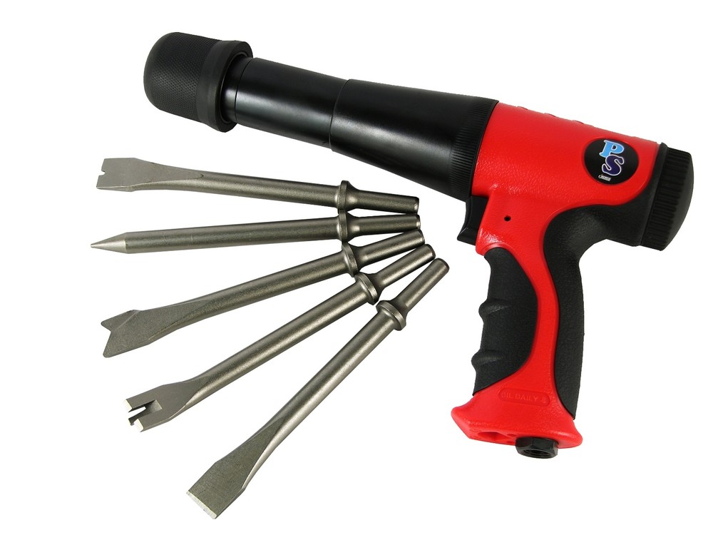 Long Barrel Air Hammer Kit Reduced Vibration with 5pc Chisel Set