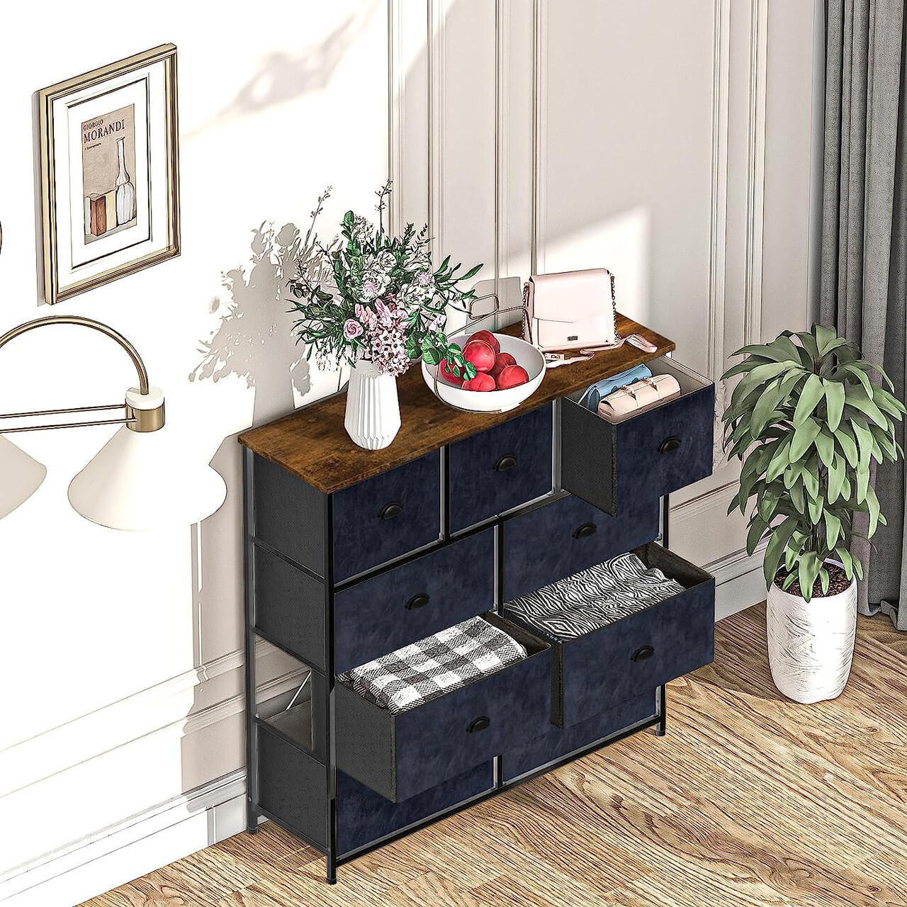 9-Tier Drawers Nightstand Chest Dresser Organizer Storage Bedroom Black Wood