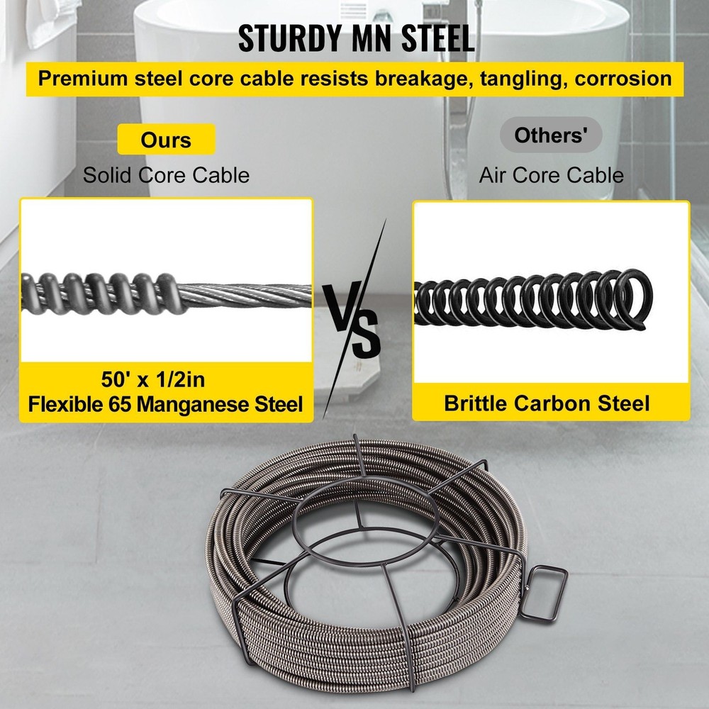 VEVOR Drain Cleaning Cable 50 Feet x 1/2 Inch Solid Core Cable Sewer Cable Drain