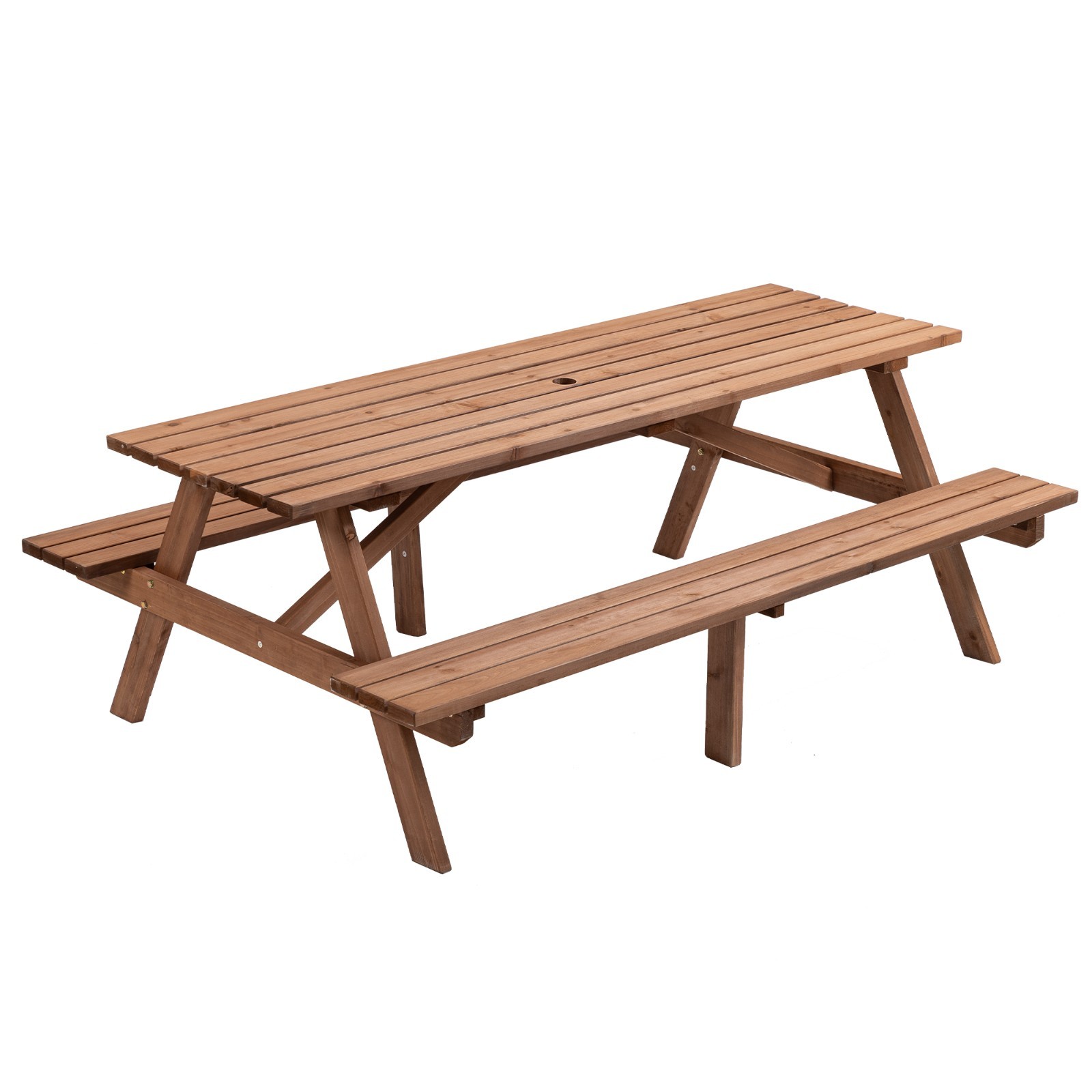 6-Person Outdoor Rectangular Wooden Picnic Table with Built-in Benches, Brown
