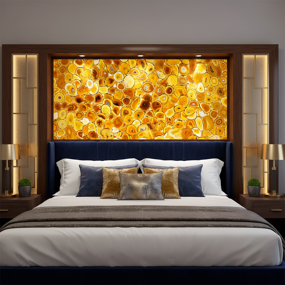 Yellow Agate Backlit Bed Headboard | Luxury LED Gemstone Headboard | Modern Deco