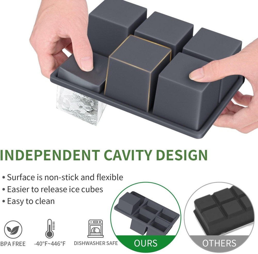 2Pack Large Ice Cube Molds Tray with Lid,Stackable Big Silicone Square Cube Mold