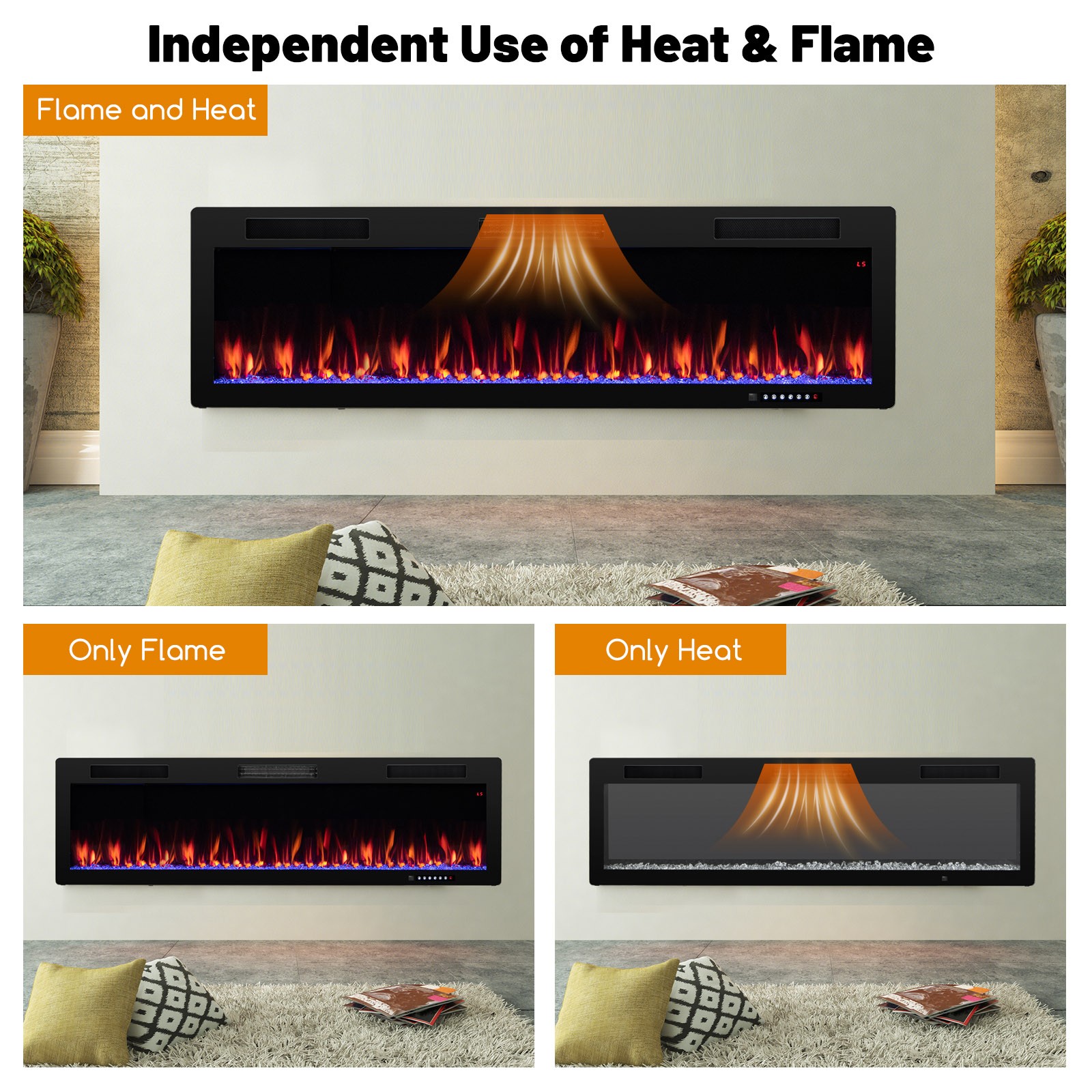 60" Linear Electric Fireplace 1500W Recessed Wall-Mounted w/ Multi-Color Flame