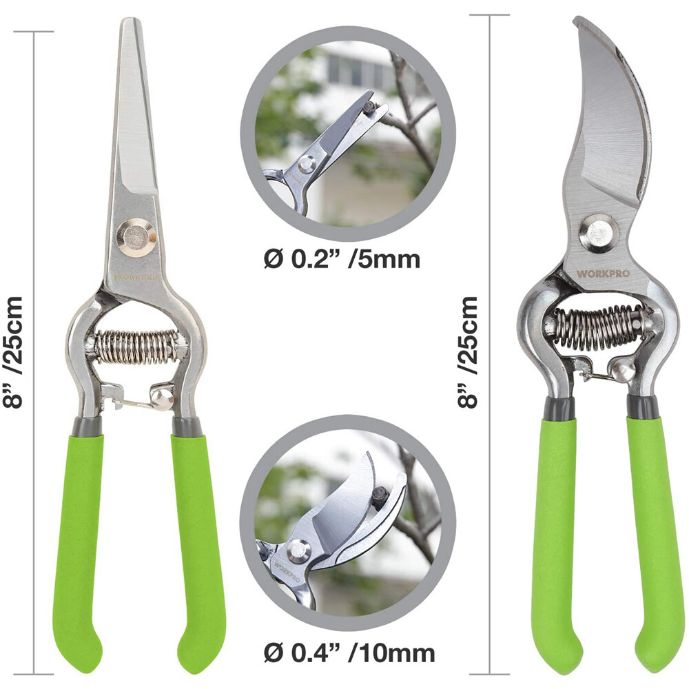WORKPRO 2PCPruning Shears SetDropForged 8"Bypass Garden Shears&8''Handing Pruner