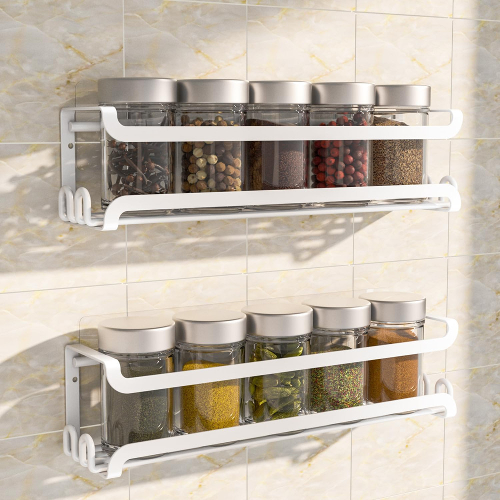 2 Pack Wall Mounted Spice Rack with 16 Hooks Spice Organizer Shelf White