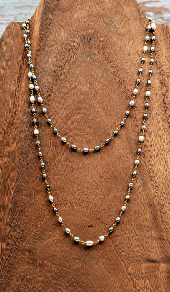 Vintage Style Gray Rice Pearl & Brass Link Necklace – 36", MSRP $120