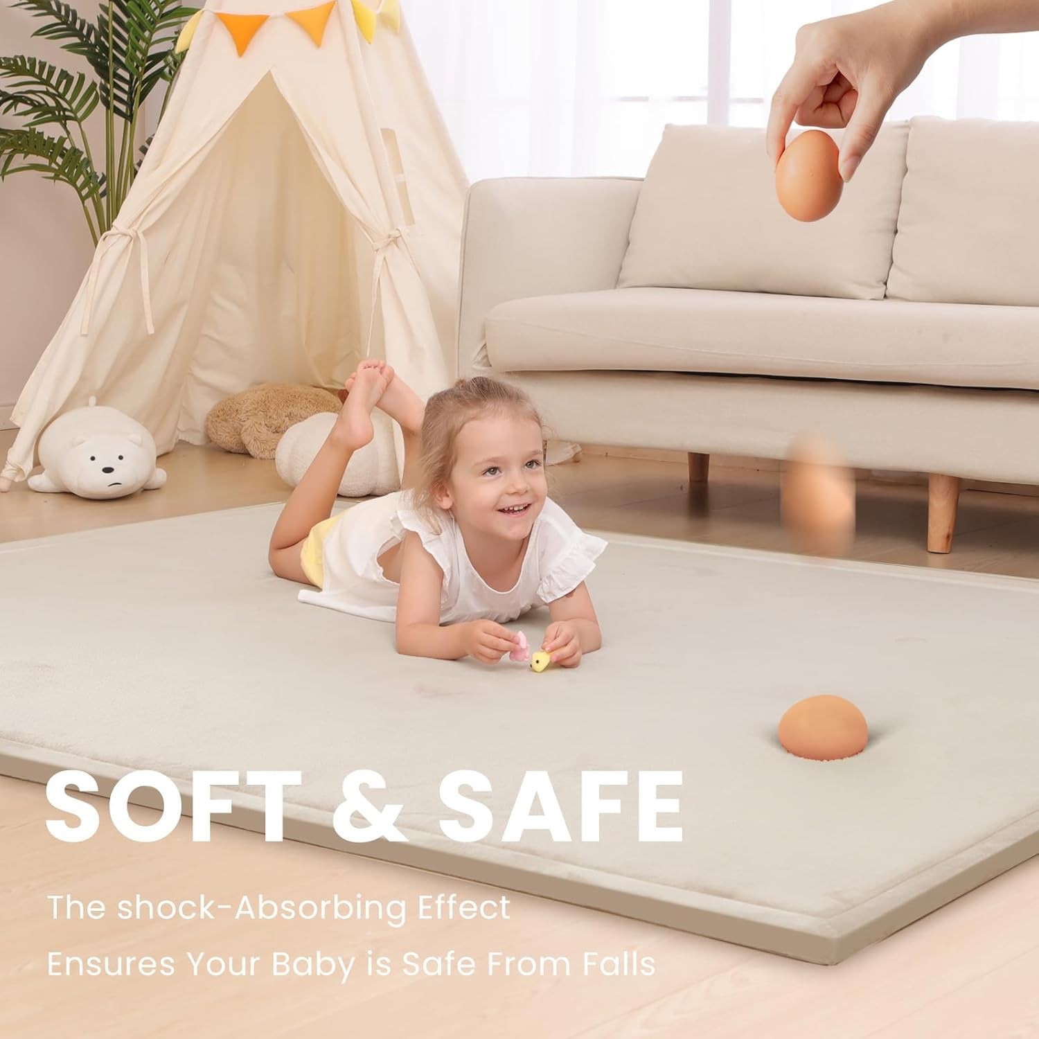 Baby Play Mat for Floor, 79"L x 59"W 1.3" Thick Memory Foam beige