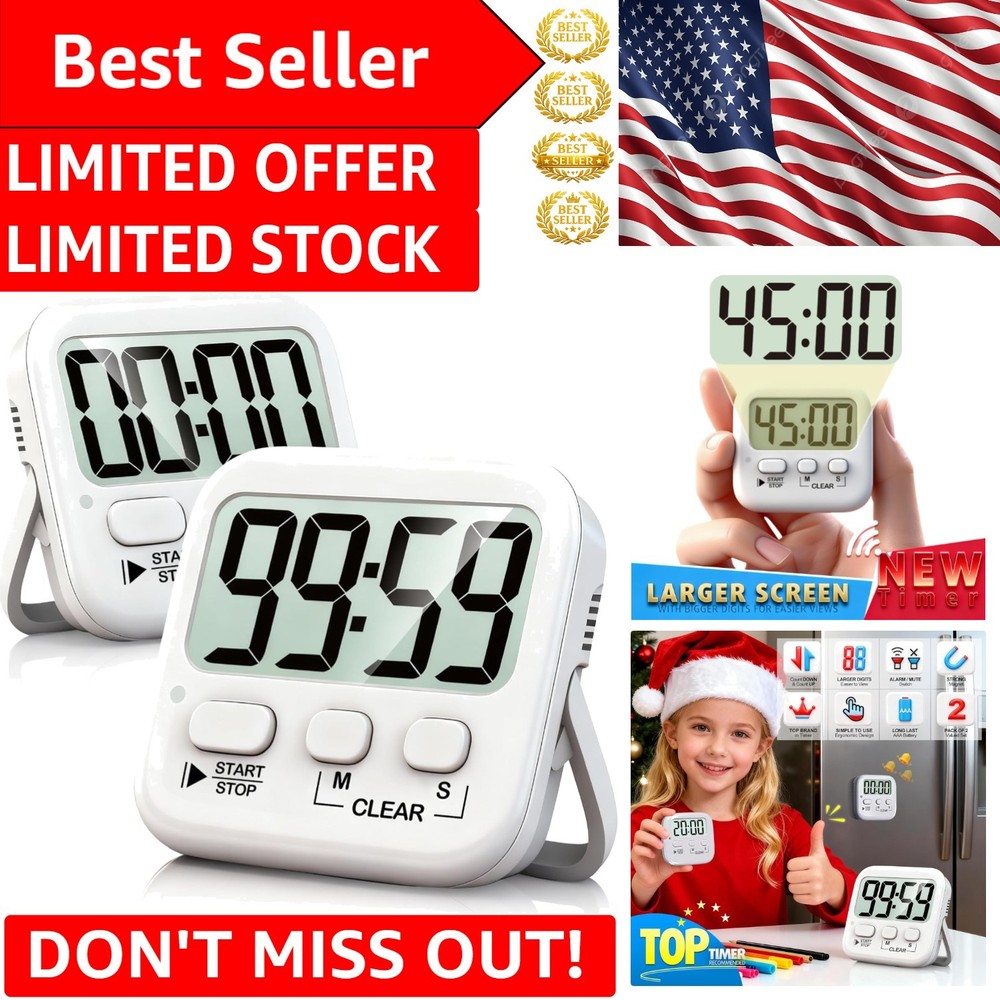 Magnetic Digital Timer Set - 2 Pack with Large Display for Cooking and Studying