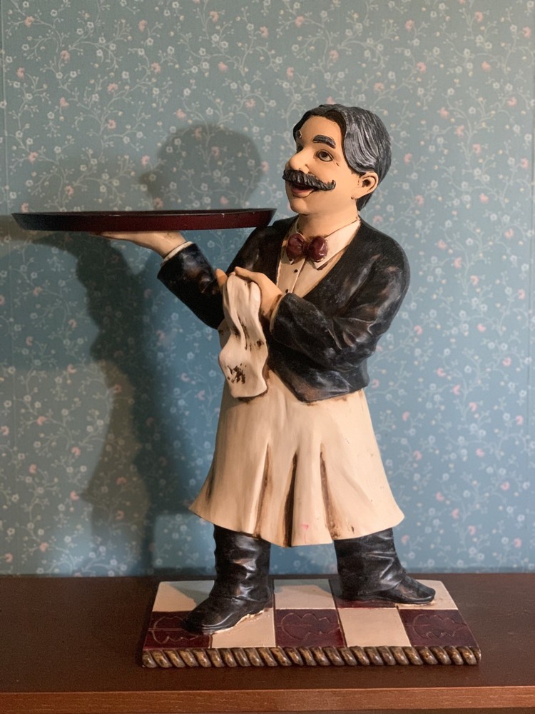 Table Waiter Statue Carrying 9” Serving  Tray On Shoulder.