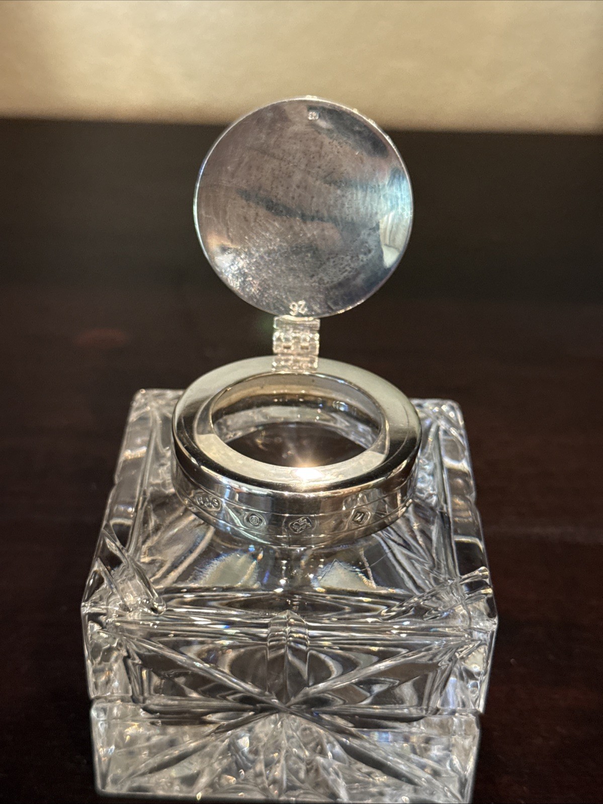 ENGLISH Cut CRYSTAL Inkwell With STERLING SILVER Collar And Lid by R&S Ltd