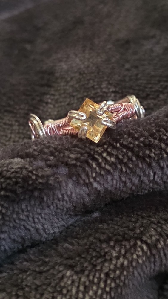 Handcrafted Wire Wrapped Silver Ring with Square Yellow Citrine Prong Setting