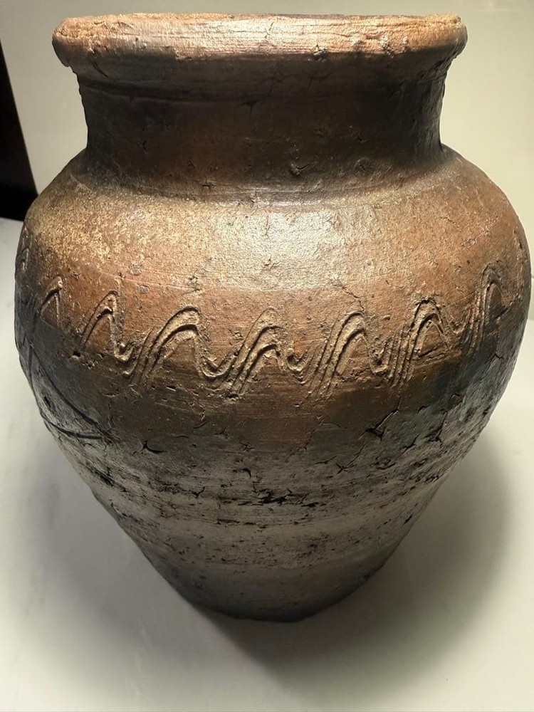 Ancient c ERAmic style wavy pattern fired vase height 23cm vase old Bizen style