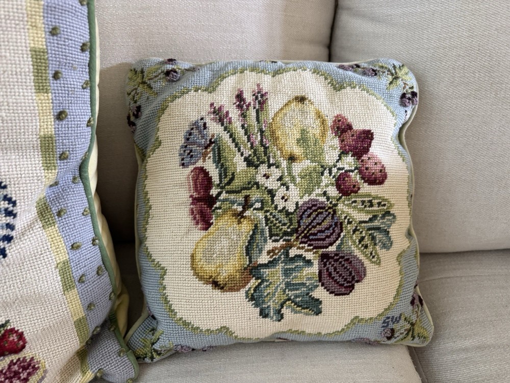 Artisan Made Fruit and Vegetables Needlepoint Accent Pillows signed SW