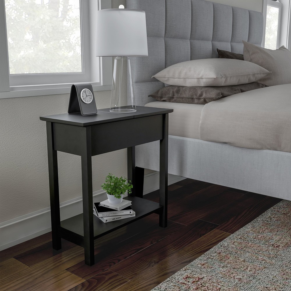 Narrow End Table W/ Storage Compartment & Shelf Black)