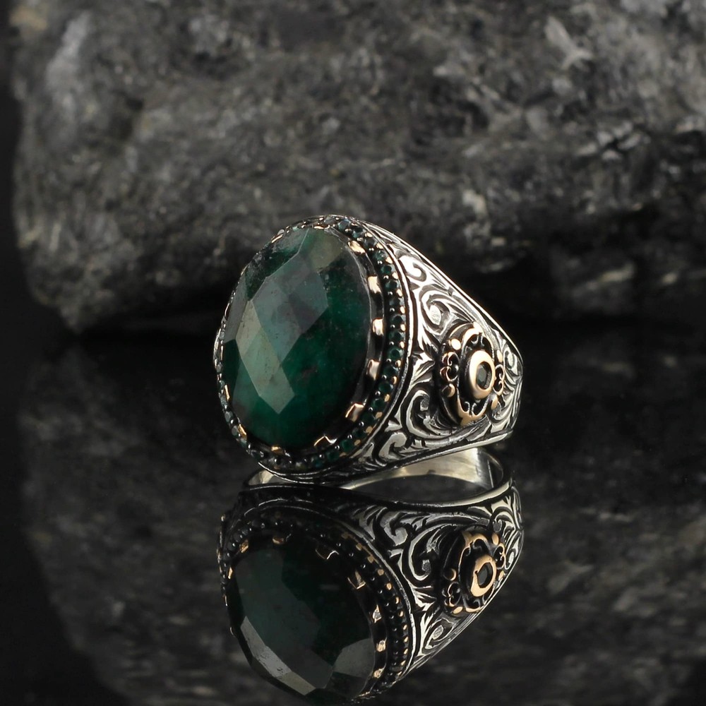 Emerald Stone Men Silver Ring, 925 Sterling Silver Emerald Gemstone Ring,