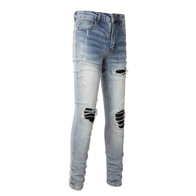 Men's Skinny Fit Stretch Denim Jeans, PU Patches, Distressed Rips & Wash Effect