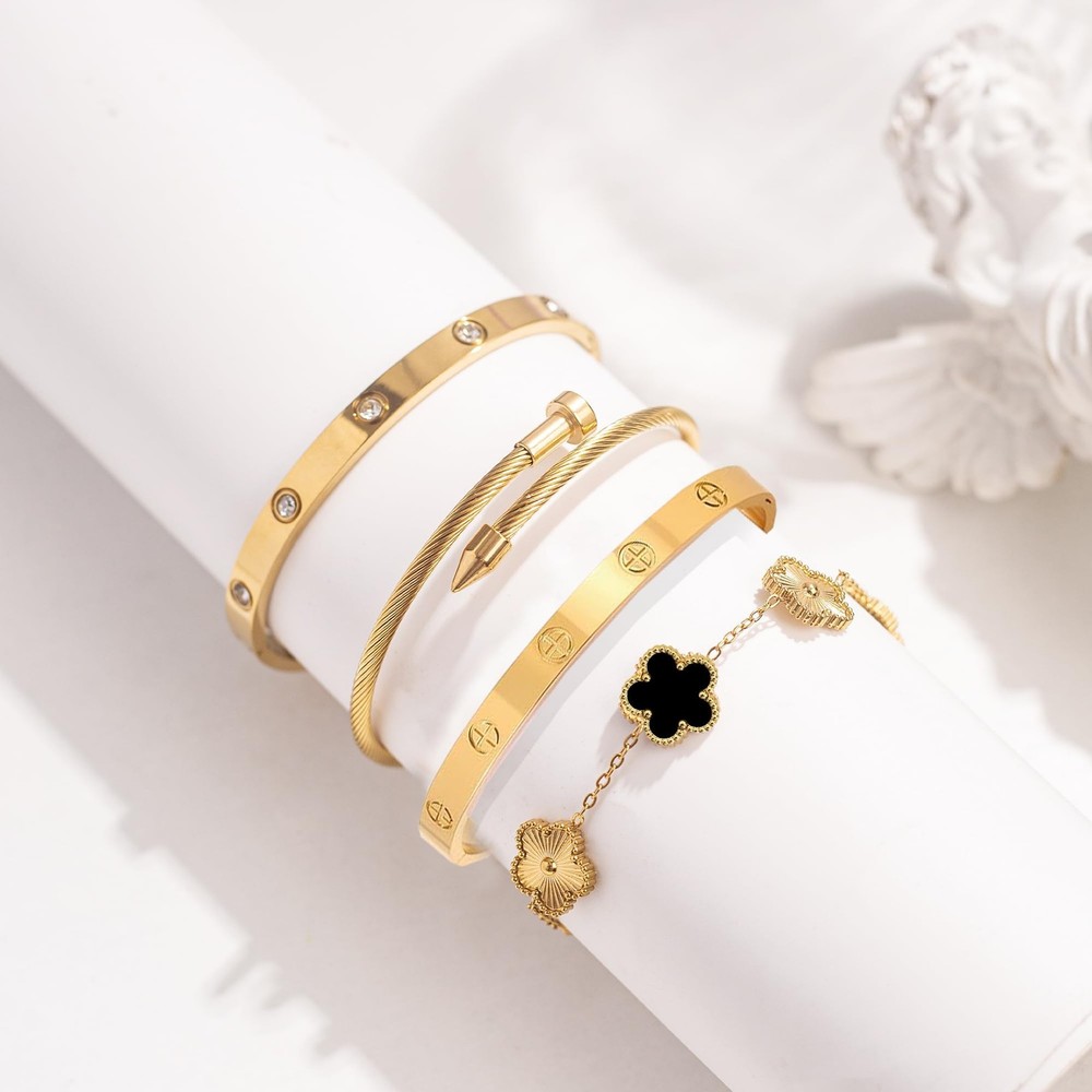 Ntutrxk One Size, Bracelets Stack 4Sets (Floral Black+Gold Bracelets,Bangle)