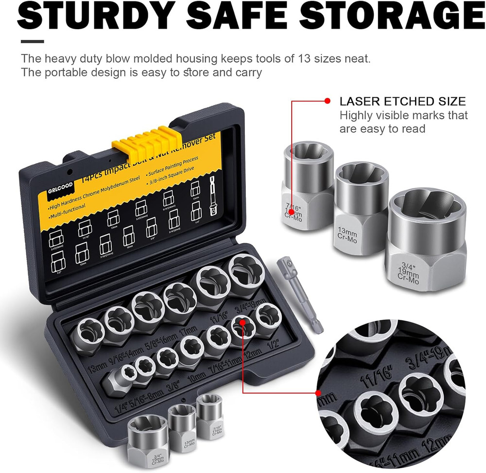 14 PCS Easy Out Bolt Extractor Kit Impact Socket Set For Stripped Rounded Screws