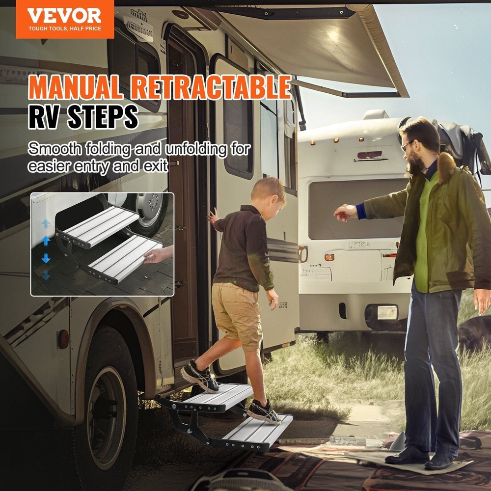 RV Steps, 2-Step, Manual Retractable RV Stairs, Foldable, 440 LBS Load Capacity,