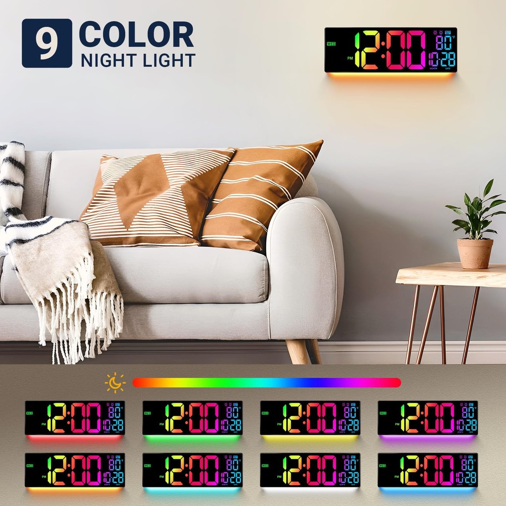 16.5" Large Digital Wall Clock with Remote Control, Auto-Dimming LED Display ...