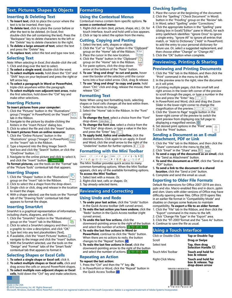 Microsoft Office 2019 Training Guide Quick Reference Card 2 Page Cheat Sheet