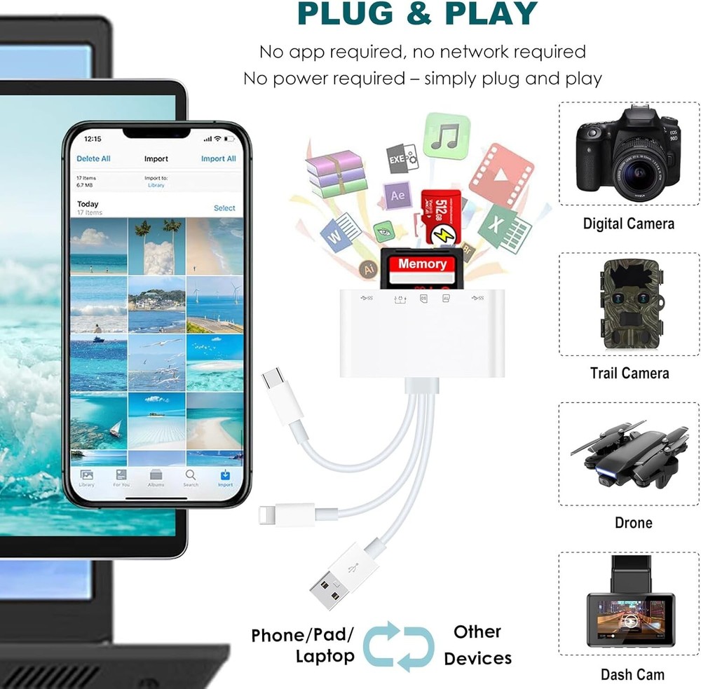 7-in-1 Memory Card Reader USB-C Lightning SD Micro SD Adapter for iPhone iPad