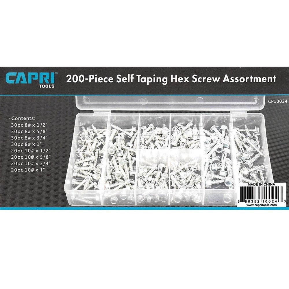 Capri Tools 10024 Hex Self Tapping Screw Assortment, 200-Piece, Silver, Model...