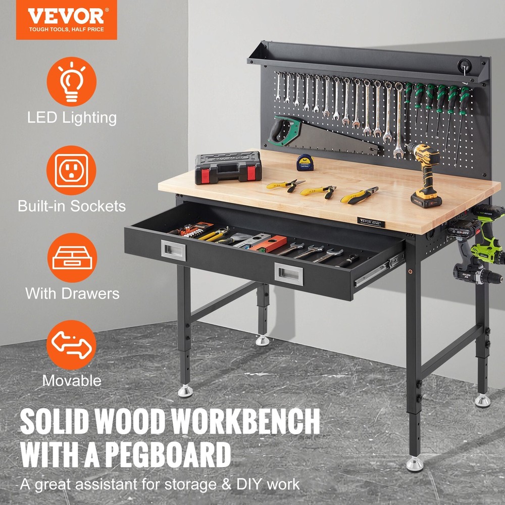VEVOR Workbench 48"X24" Solid Wood Top Workbench with Drawer Pegboard Outlets