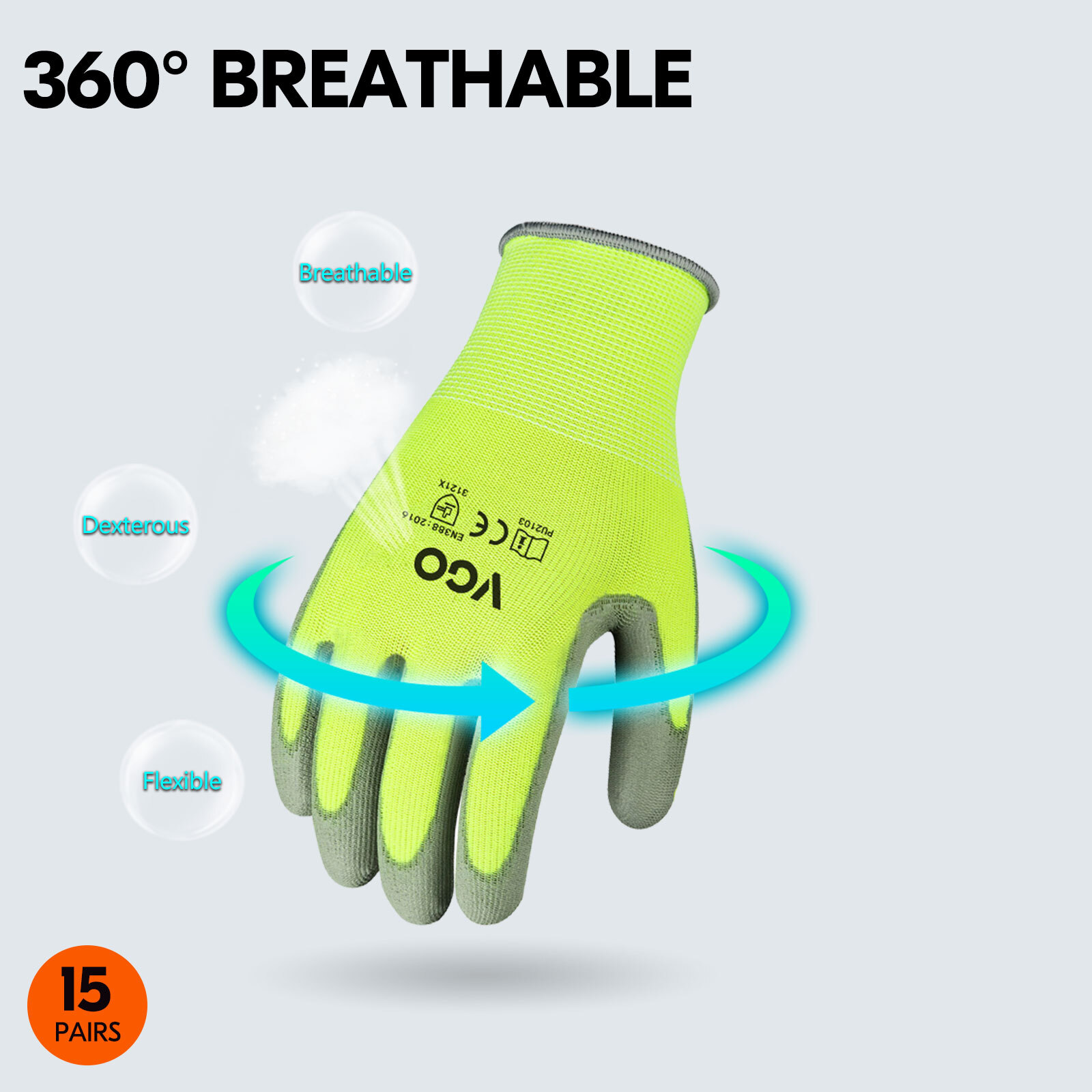 Vgo 15Pairs PU Coated Painting,Yardwork,Gardening,DIY,Work Gloves (PU2103-Y)