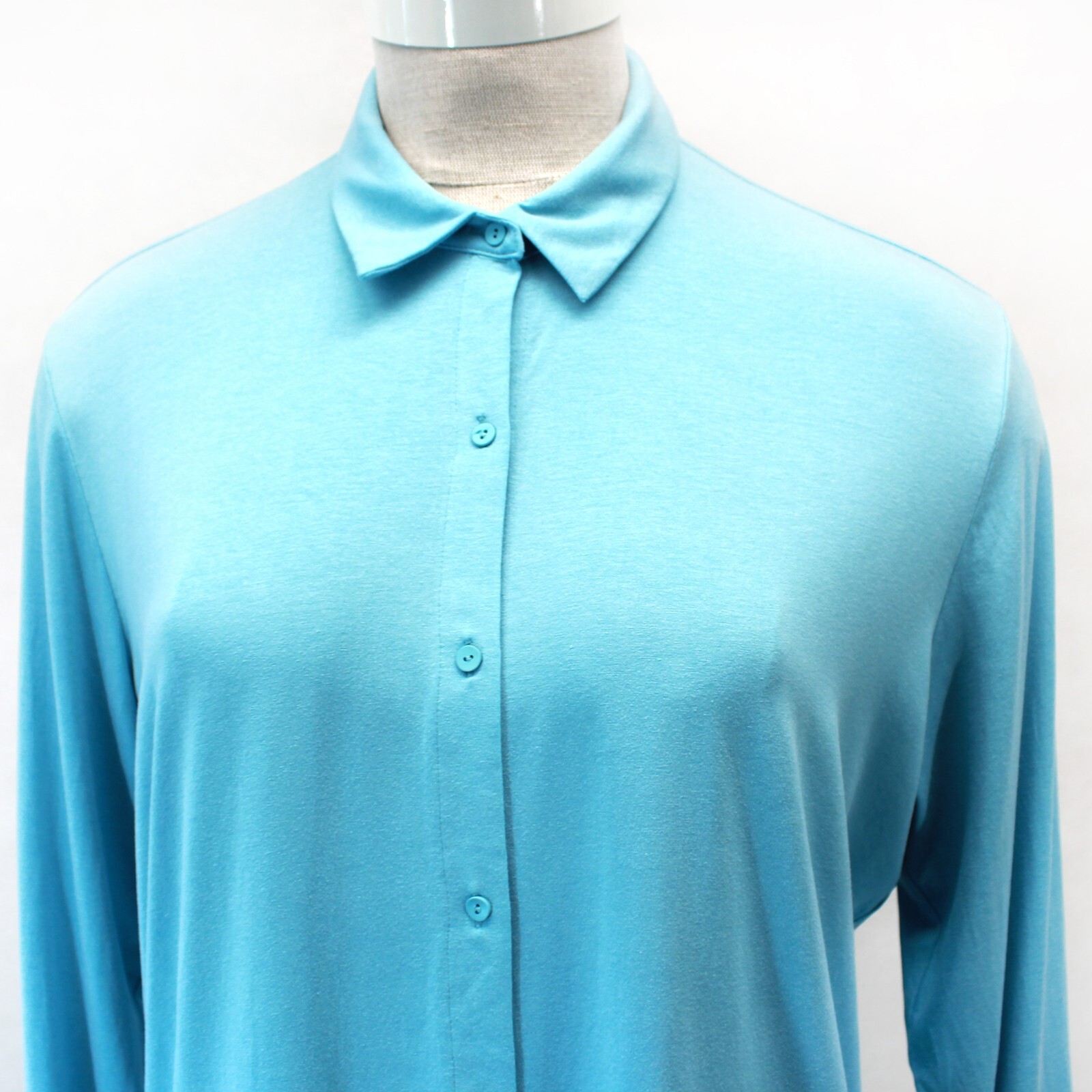 Eileen Fisher Plus Size Blue Jersey Collared Button Up Tunic Top Blouse 2X