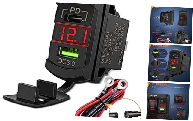 Rocker Switch Style USB Outlet LED Voltmeter Quick Type C + USB Voltmeter Red