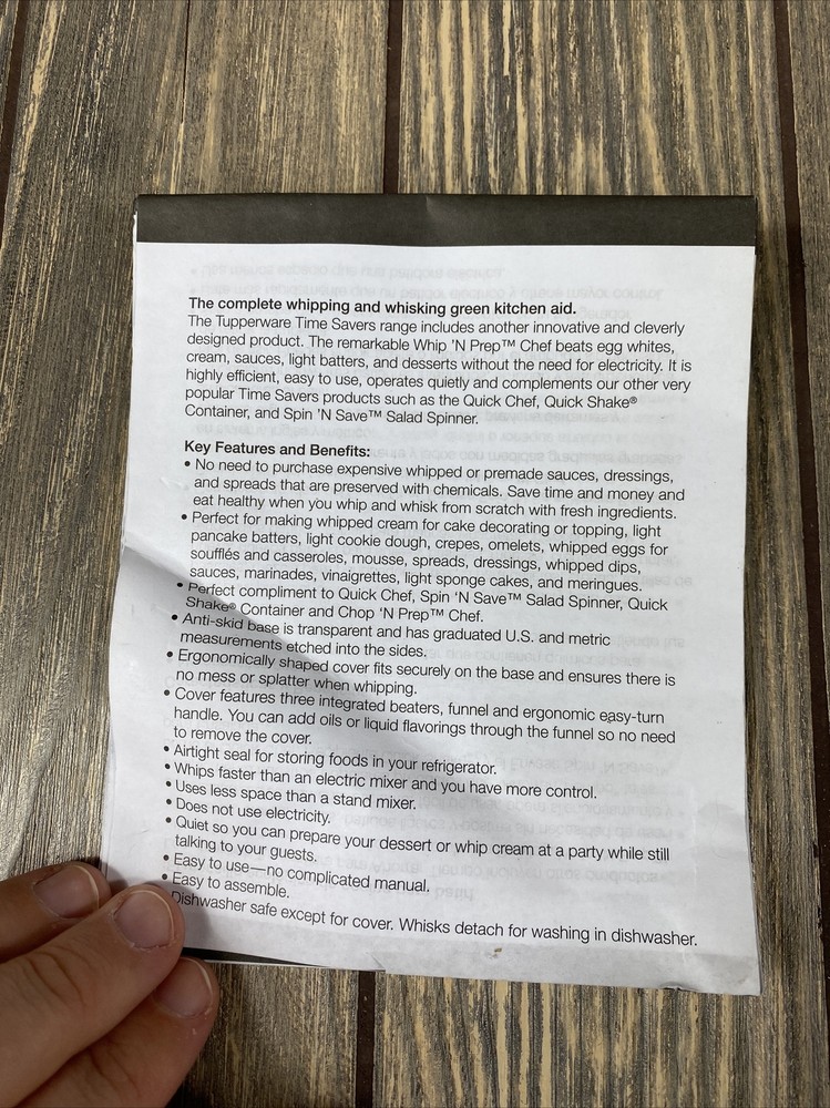 Tupperware Whip N Prep Chef Replacement Piece Part Instructions Manual