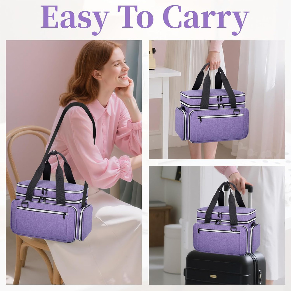 Purple Sewing Machine Case & Double Layer Organizer with Strap & Handle