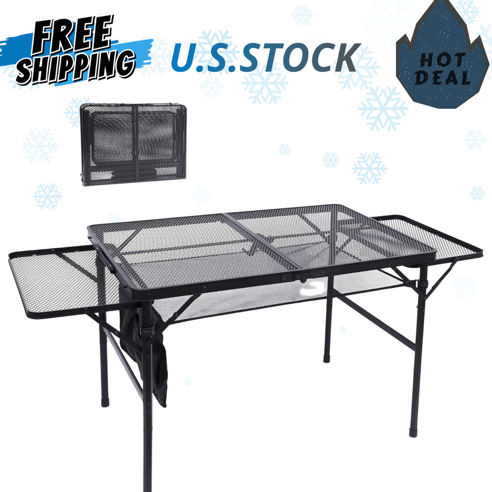NEW Folding Grill Table Camping Table Metal Adjustable Height Mesh Handle