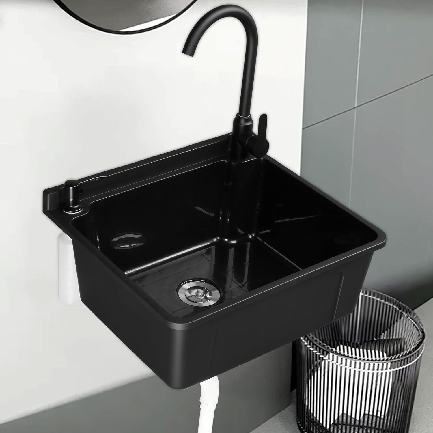 Plastic Wall-Mounted Utility Sink, Wall-Mounted Utility Tub with Hot&Cold Faucet
