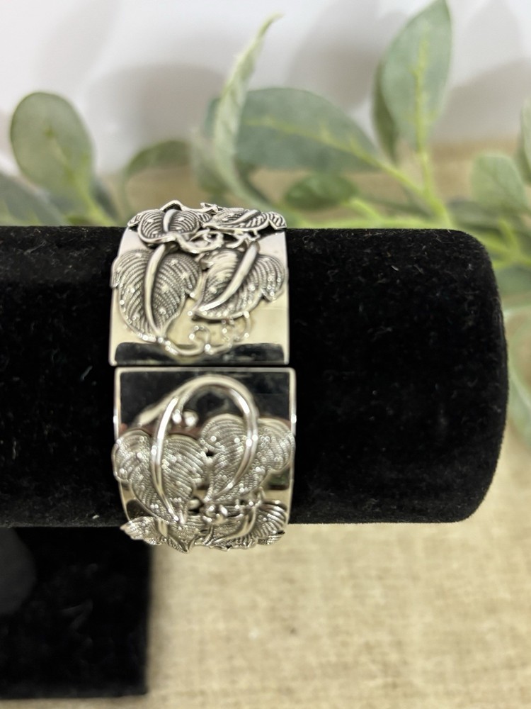 Whiting & Davis Silver Color Cuff Bracelet 3D Leaf Pattern