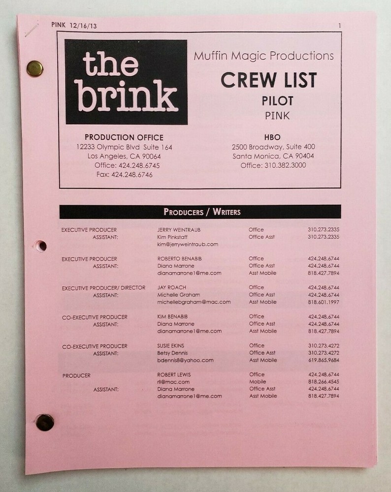 THE BRINK / Roberto Benabib 2014 Pilot Epsiode Script, JACK BLACK & TIM ROBBINS