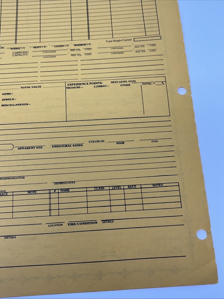 Original AD&D Player Character Record Sheet—Multi Classed Bard Light Use