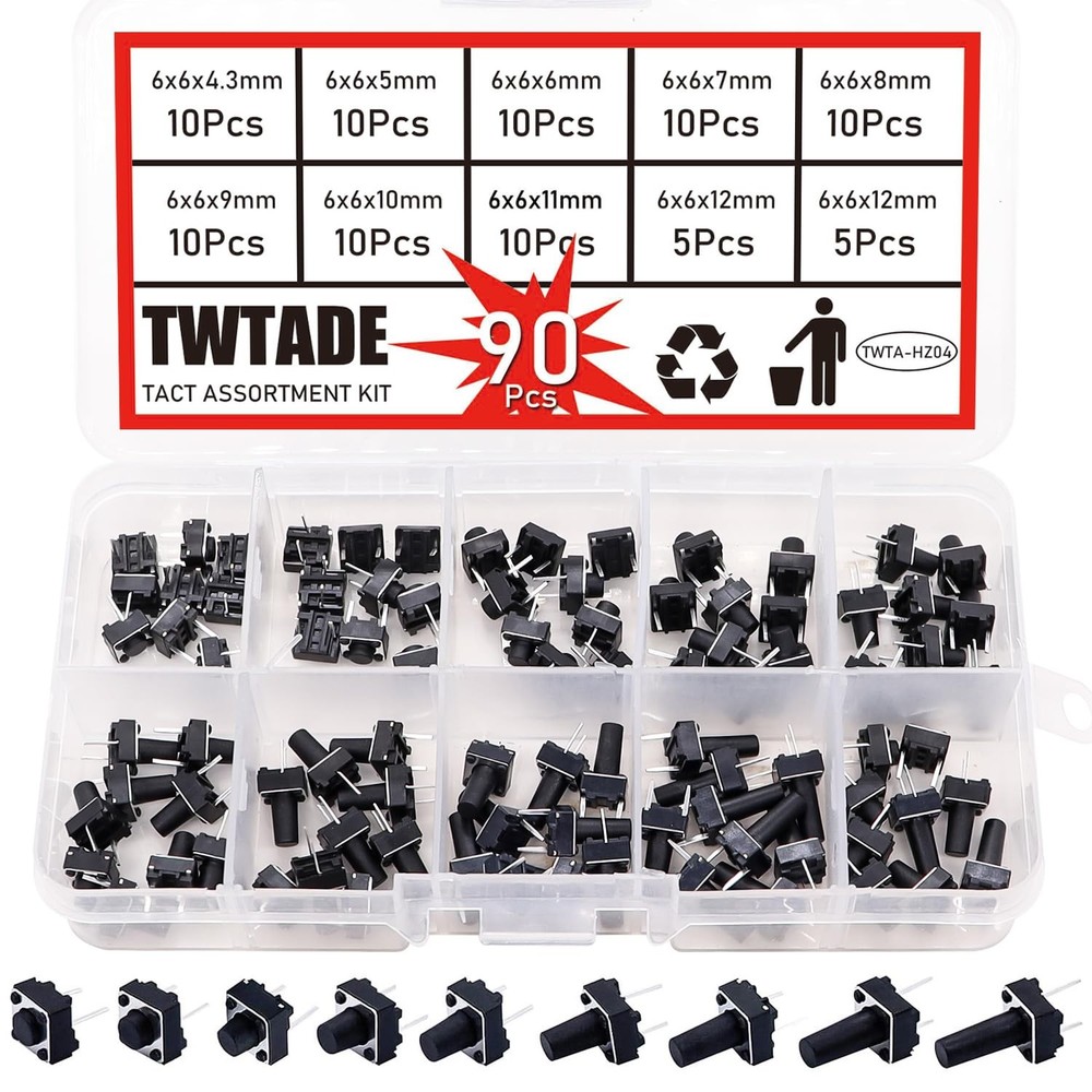 TWTADE 90PCS 2 Pin Tactile Switch Micro Momentary Tact Push Button Switch...