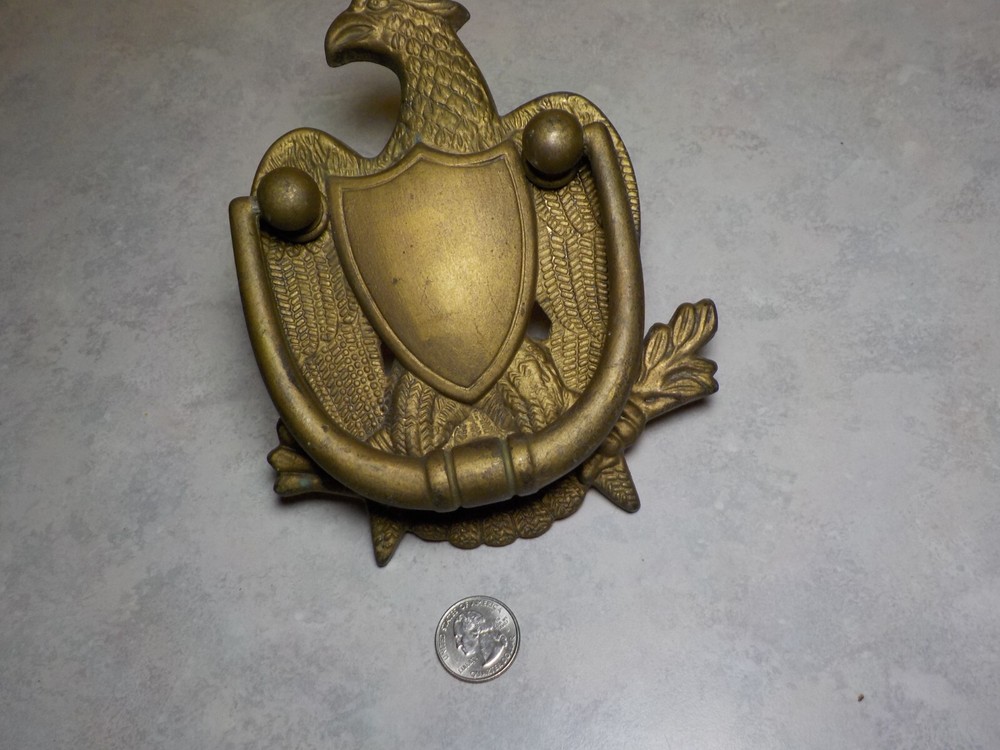 Vintage Solid Brass American Eagle Door Knocker Shield 7'' tall