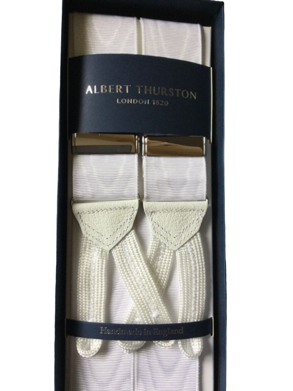 Albert Thurston White Moire braces white braid ends Silver col fittings