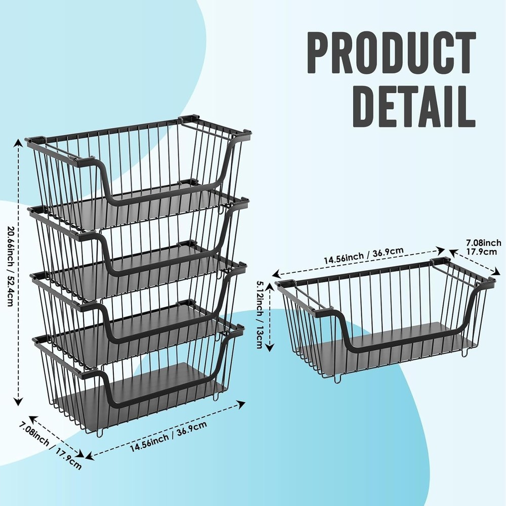 NEW 4 Pack Stackable Wire Baskets Pantry Storage Metal Fruit Vegetable Black