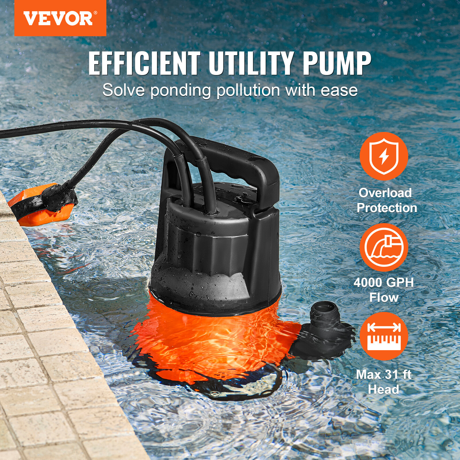 VEVOR Submersible Utility Pump Sump Pump 1 HP 4000 GPH 31 ft Head Water Pump