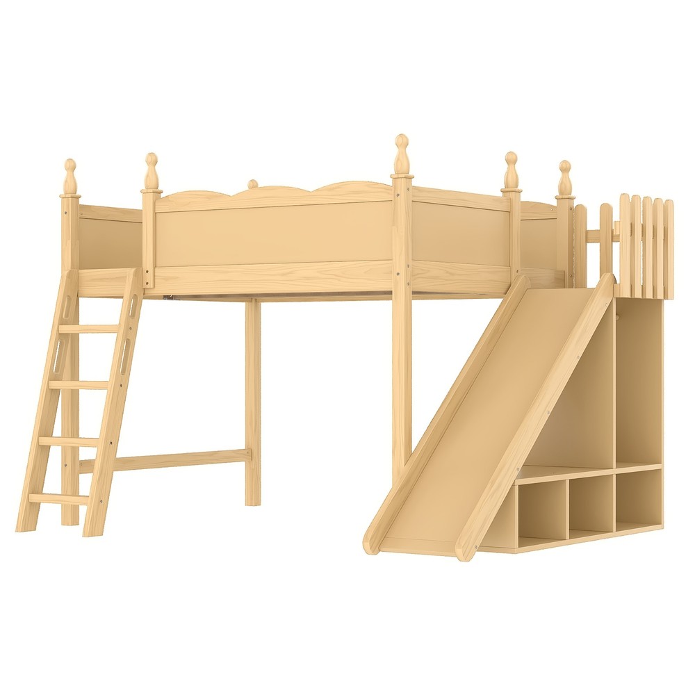 Full Solid Wood Loft Bed Frame with Storage Shelves Wardrobe & Detachable Slide