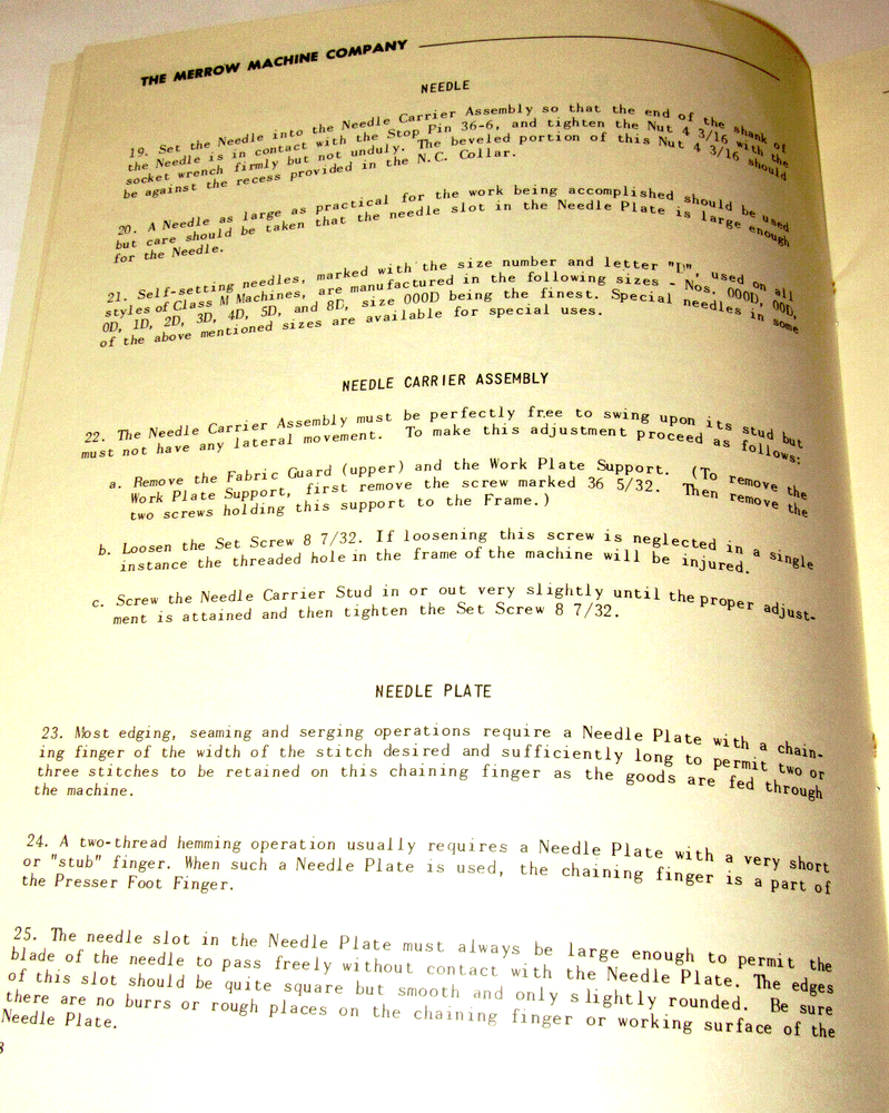 MERROW SEWING MACHINE CLASS M INSTRUCTIONS FOR SETTING UP & OPERATING! MANUAL!