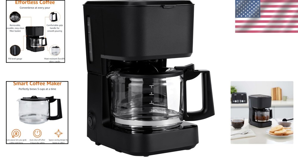 Matte Black 5-Cup Coffee Maker with Auto Shut-Off & Pause Pour Feature
