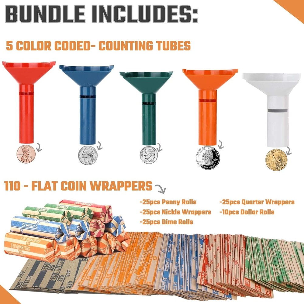 Effortless Coin Sorting Set: 5 Tubes & 110 Color-Coded Coin Wrapper Rolls