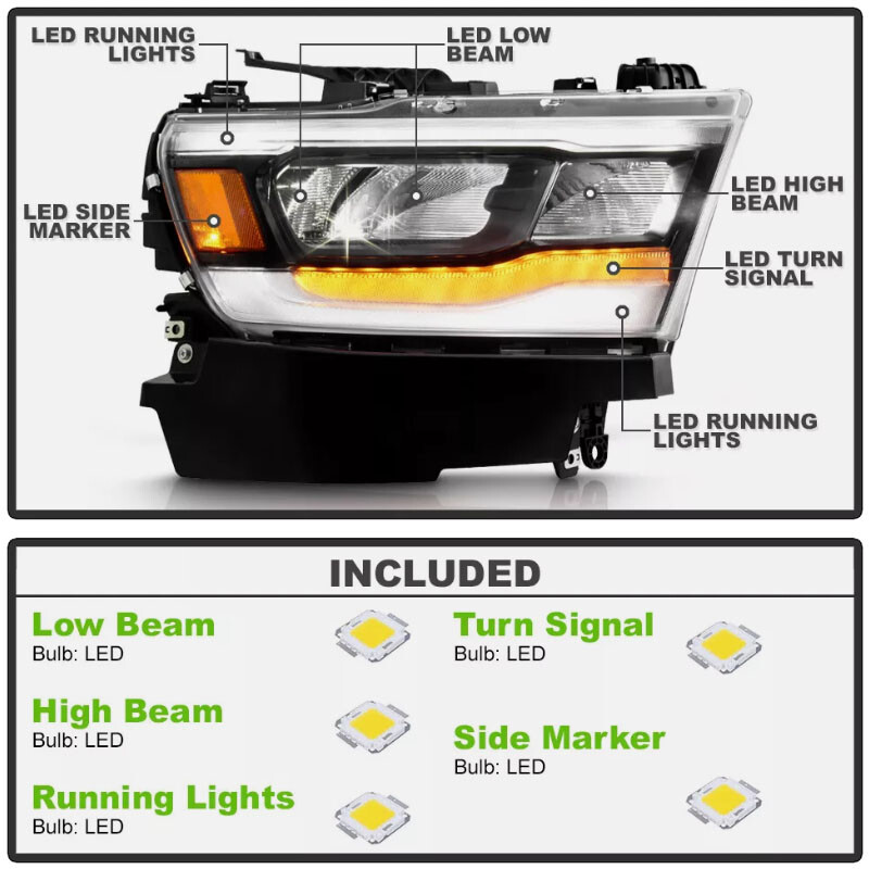 Passenger For Dodge RAM 1500 2019 2021-2023 Full LED DRL Chrome Headlight Lamp