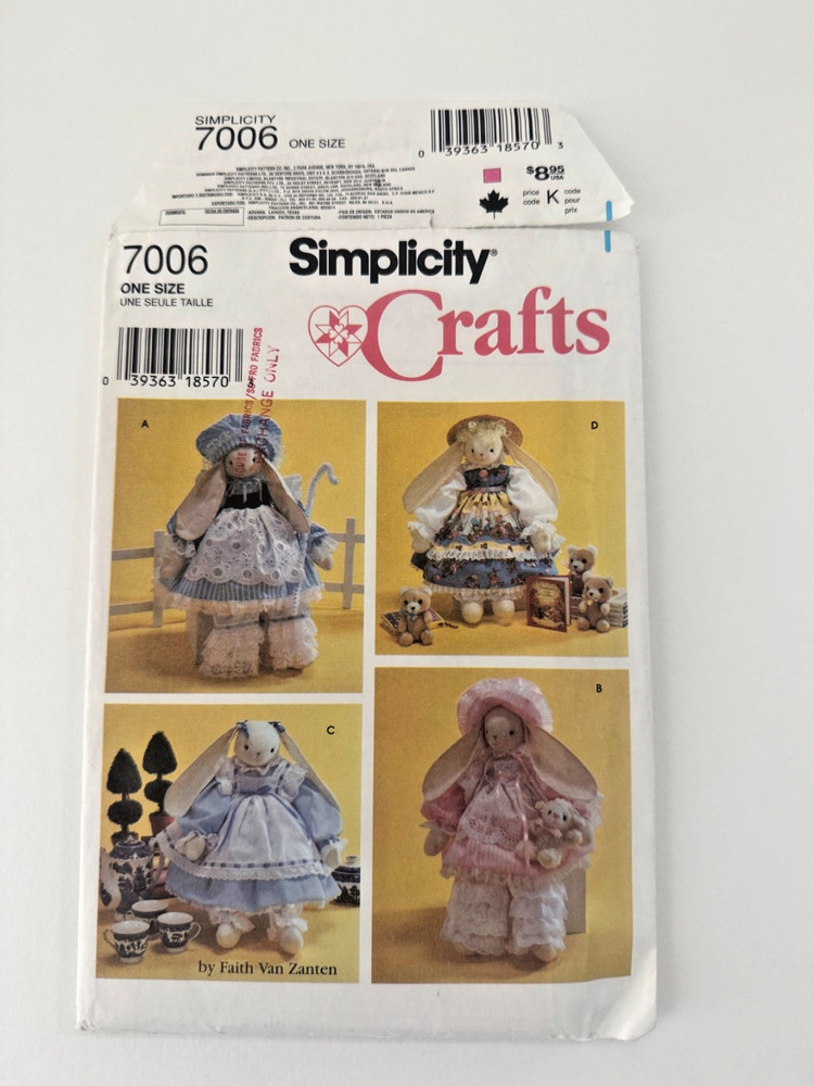 Simplicity Sewing Pattern 7006 18" Bunny & Clothes 4 Outfits UNCUT/FF