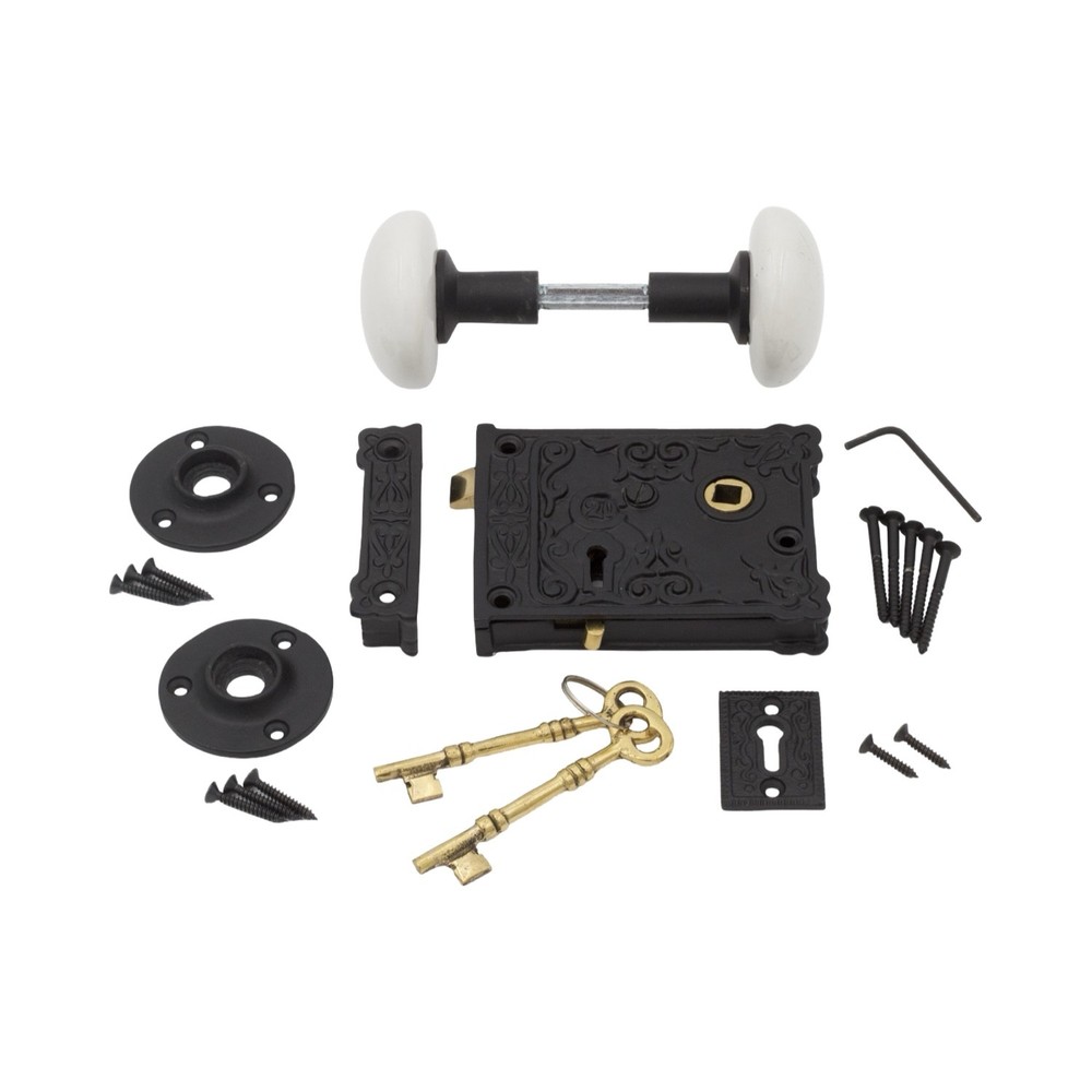 Rectangular Rim Lock Cast Iron Victorian Box Decorative w White Porcelain Knobs